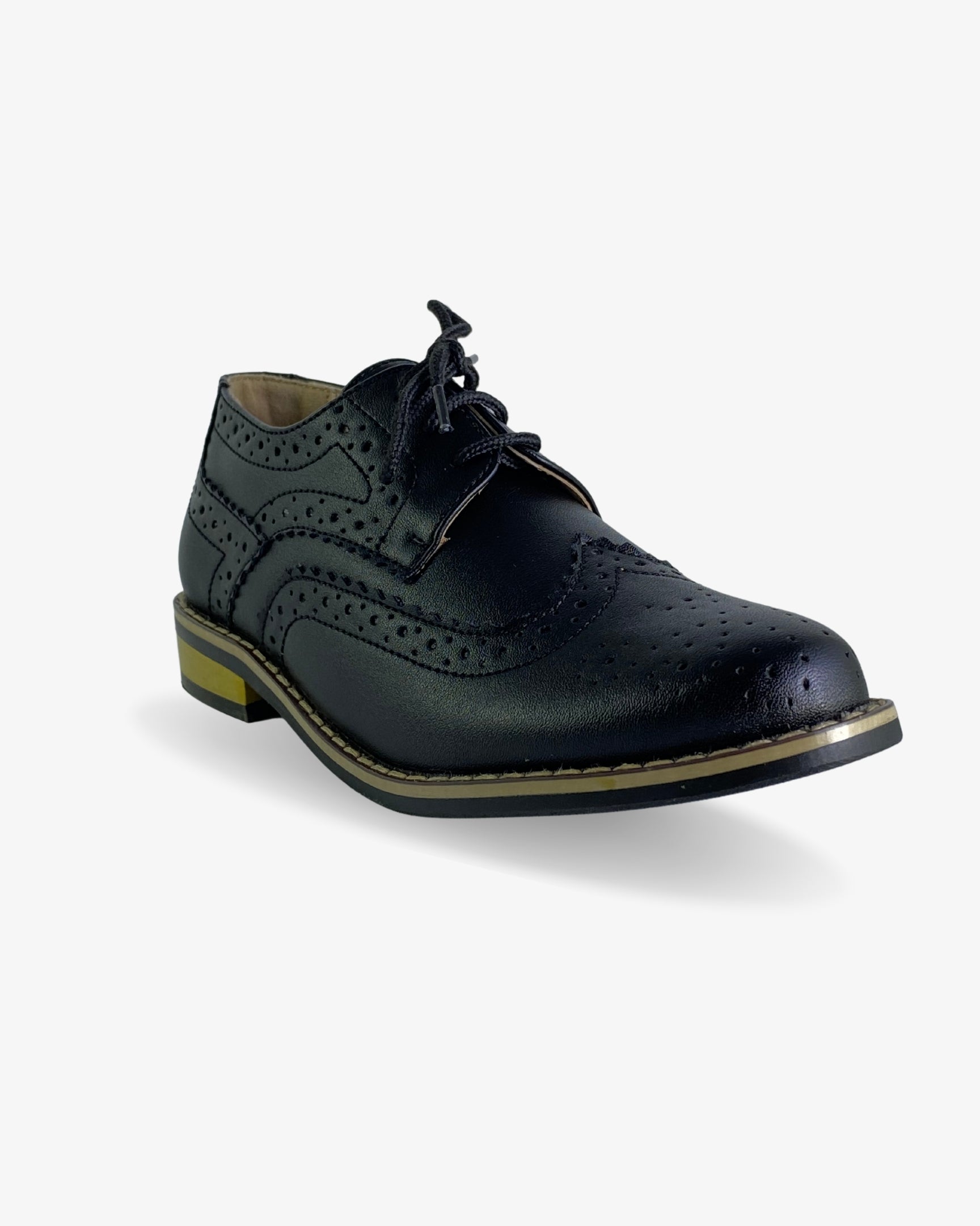 Boys classic black wingtip brogue shoe — three-quarter angle