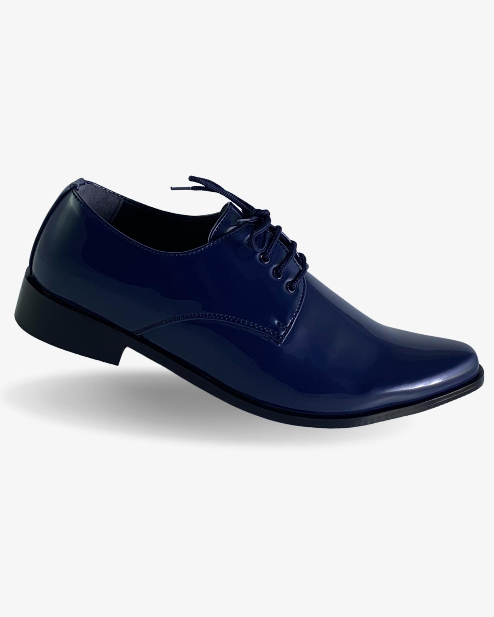 Boys navy patent derby shoe — sole view