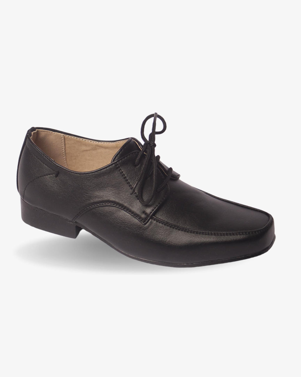 Boys classic black matte derby shoe — three-quarter angle