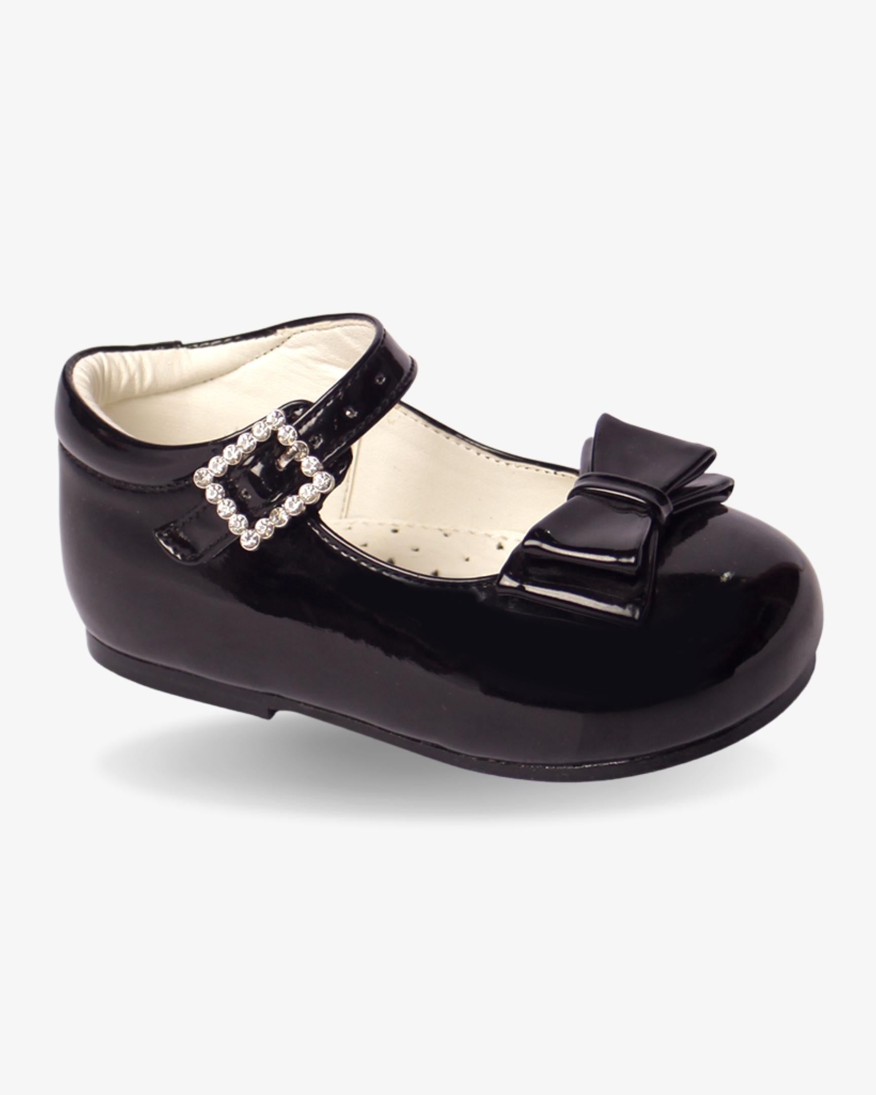 Black Bow Shoe girls shoe front view — Little Giants