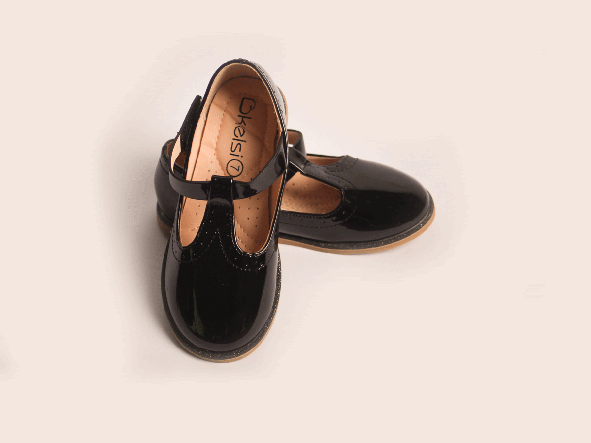 Black Round-Tip Shoe girls shoe sole view — Little Giants