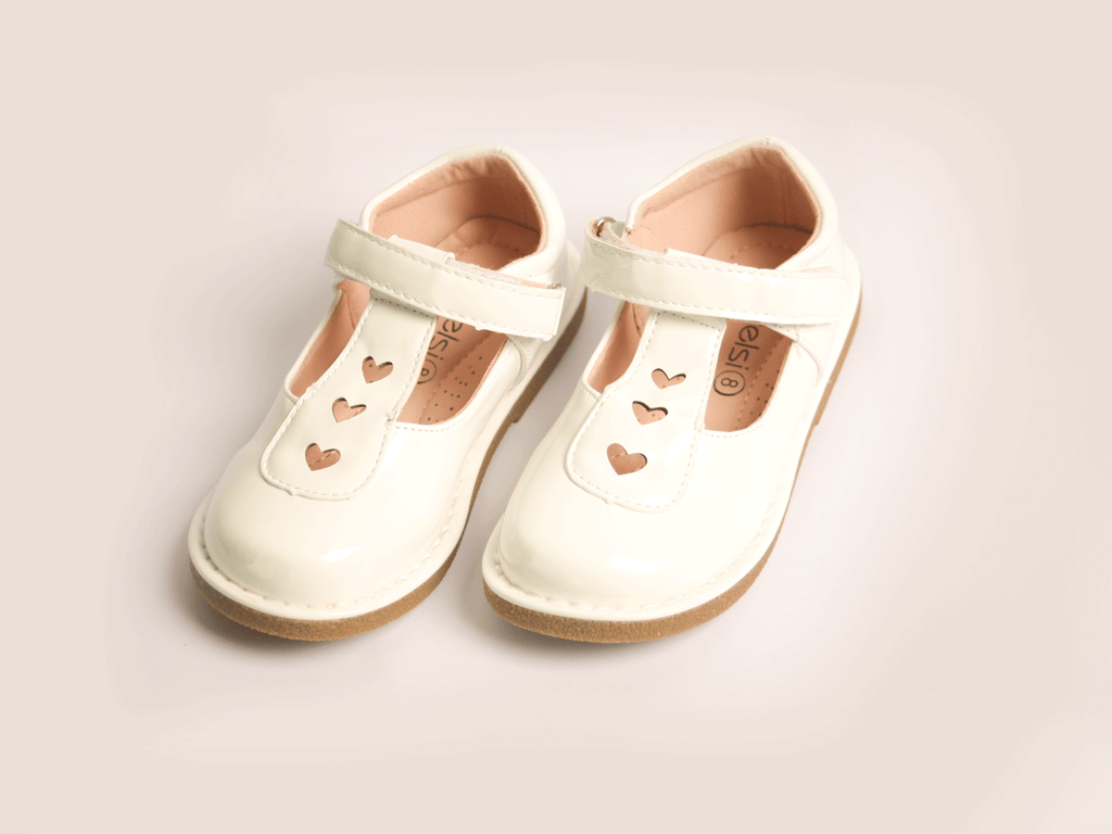White Heart Strap Shoe girls shoe toe detail — Little Giants