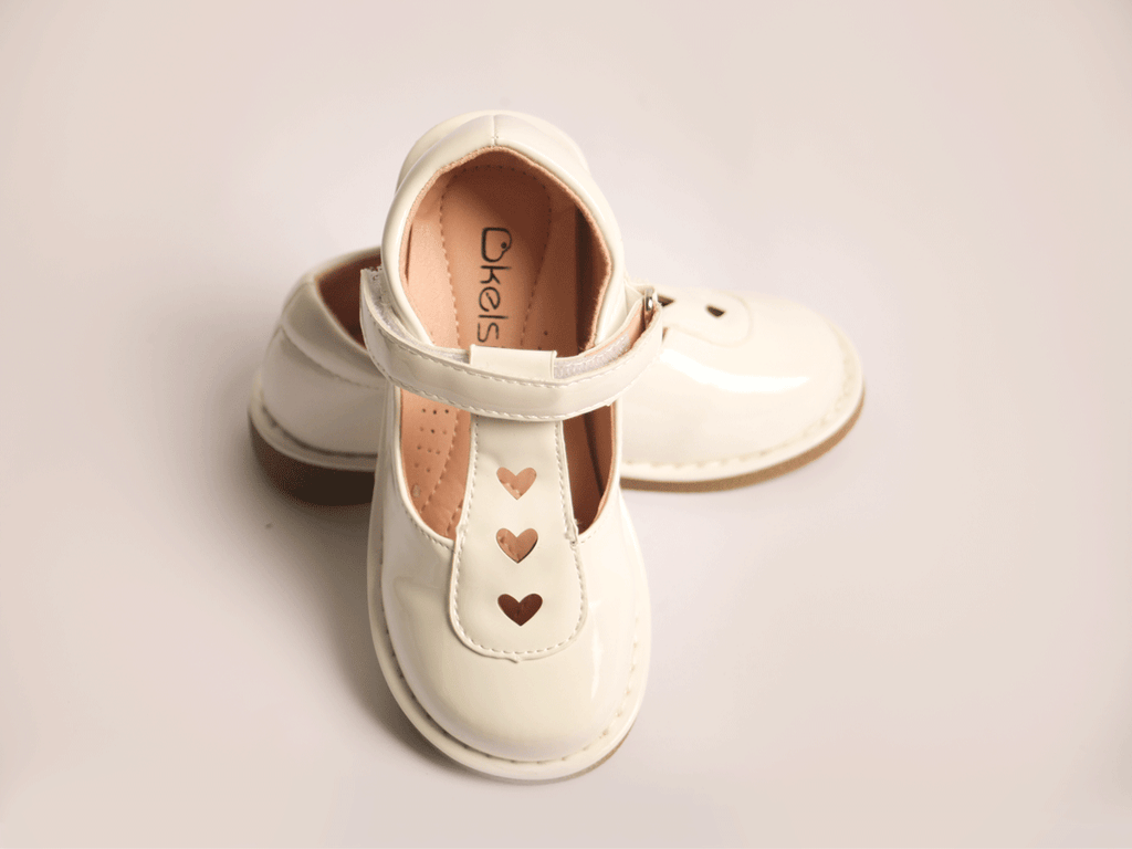 White Heart Strap Shoe girls shoe side profile — Little Giants