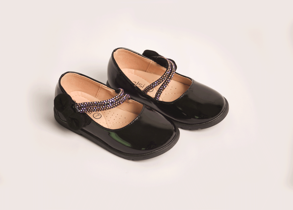 Black Multicolor Strap Shoe girls shoe three-quarter angle — Little Giants